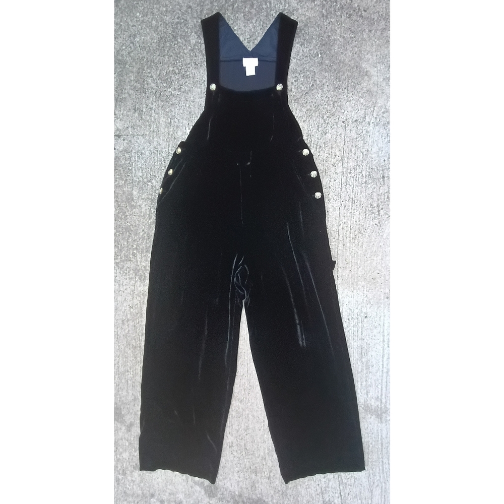 Vintage 90s Moda International Black Velvet Silk Blend Wide Leg Overalls